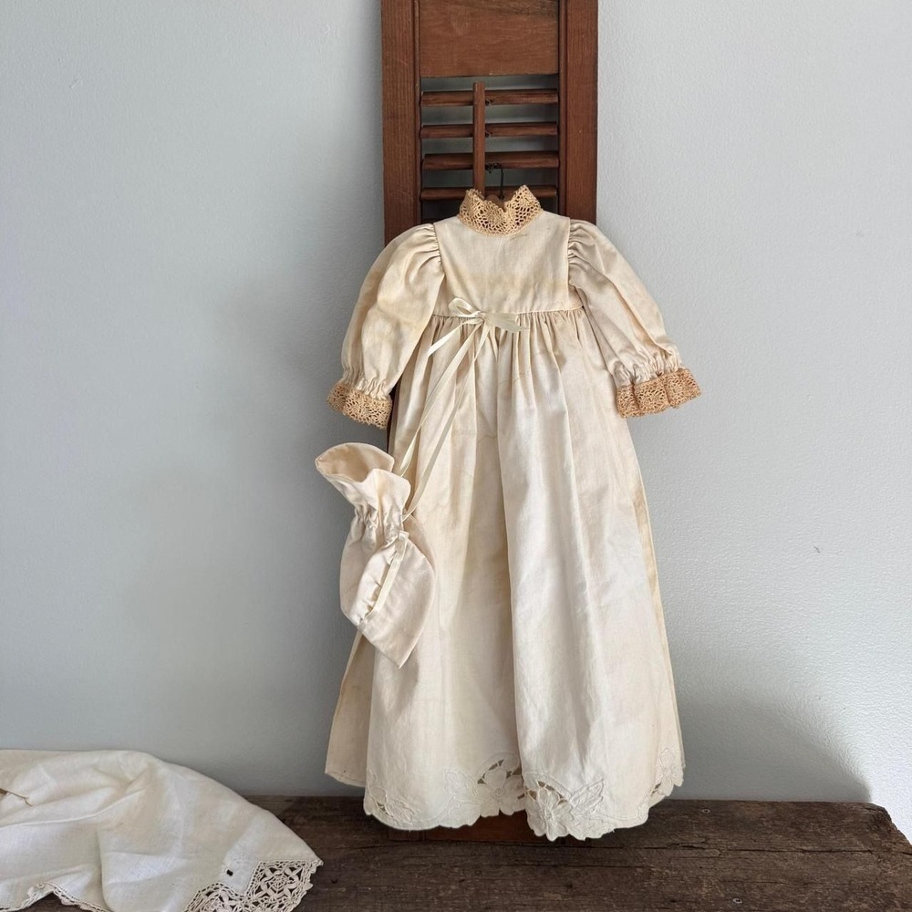 Vintage‎ Cream Lace Christening Gown with Matching Bonnet and Heart Hanger Set